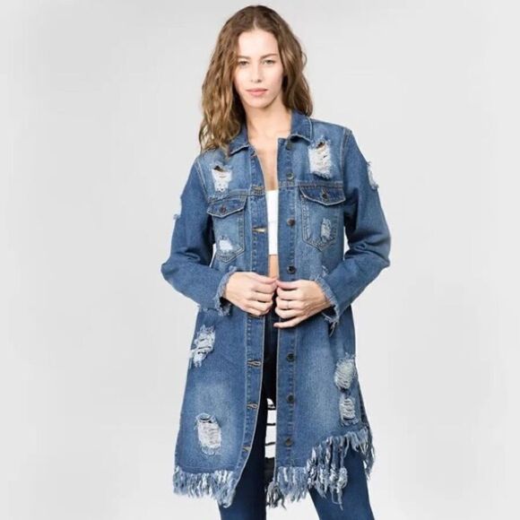 American Bazi Denim Blue Jean Jacket Distressed Long Length Size M - Picture 3 of 10
